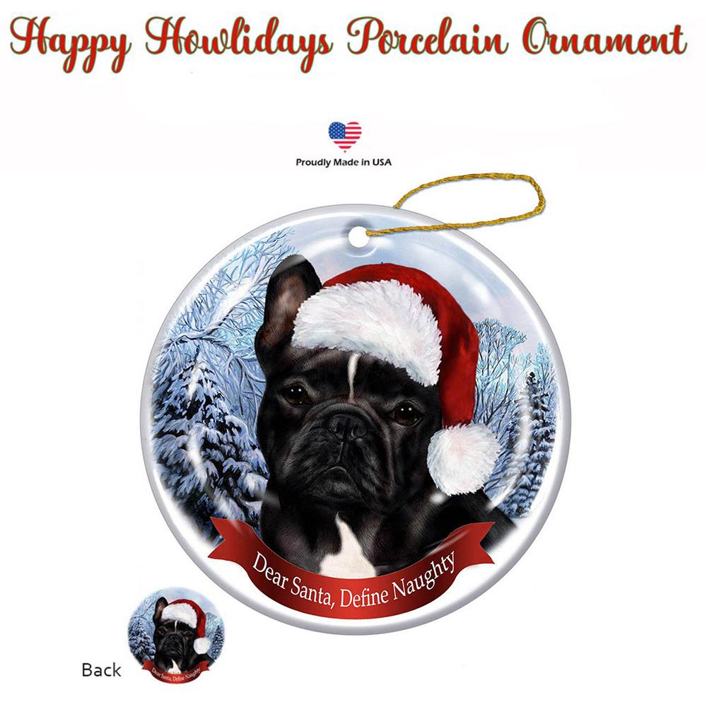 French Bulldog (Black and White) Santa Hat Porcelain Christmas Ornament