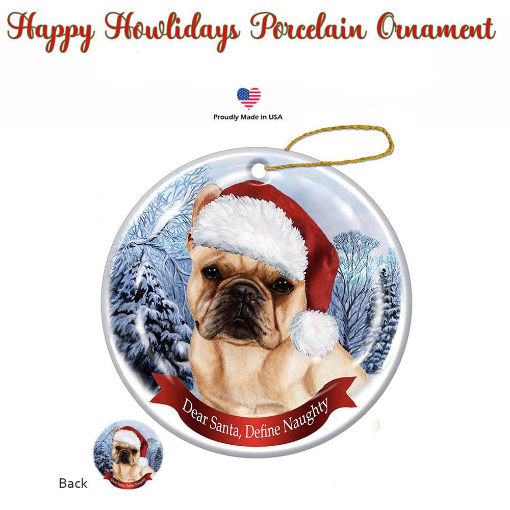 French Bulldog (Cream) Santa Hat Porcelain Christmas Ornament