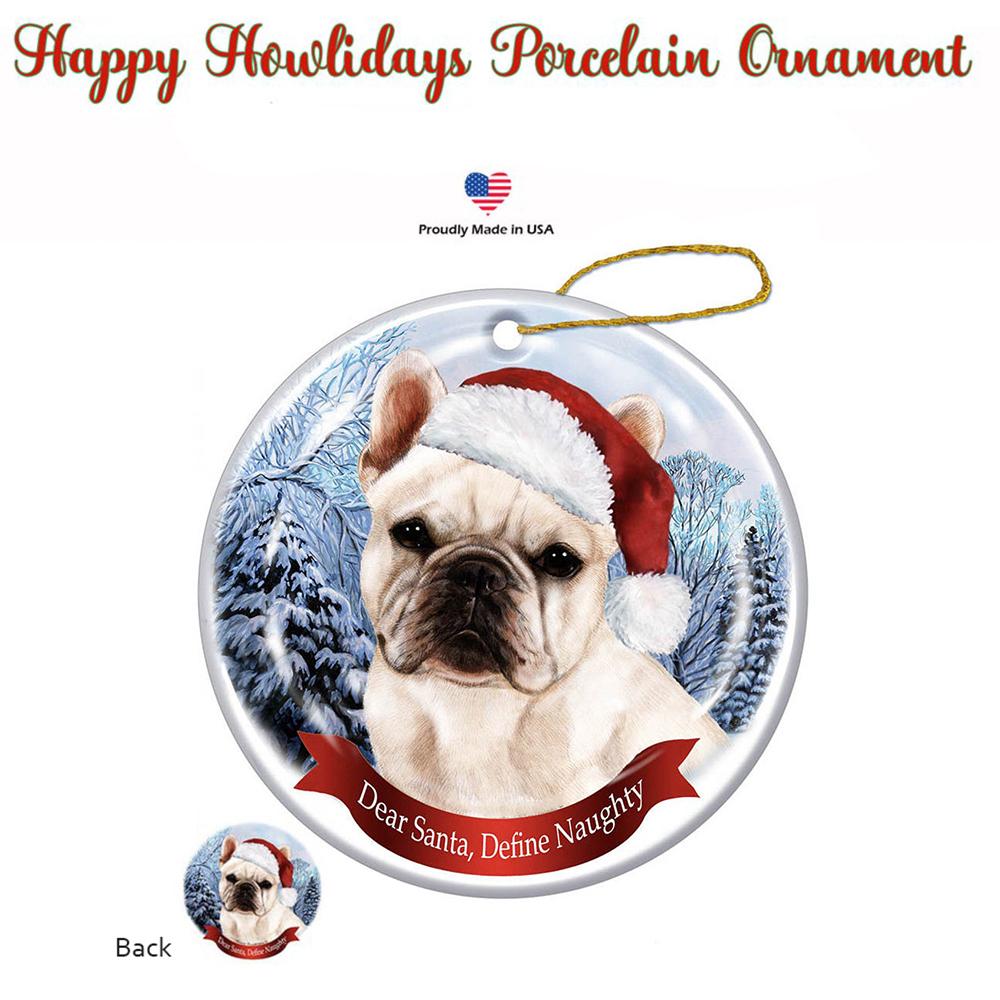 French Bulldog (White) Santa Hat Porcelain Christmas Ornament