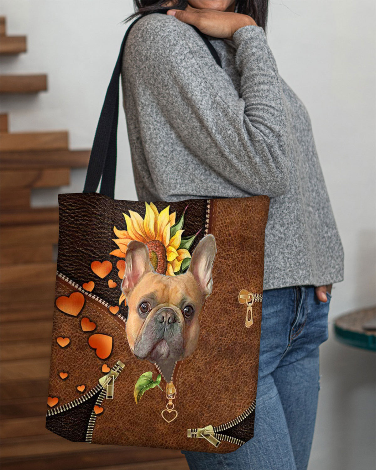 French Bulldog-Sunflower&amp;zipper Cloth Tote Bag