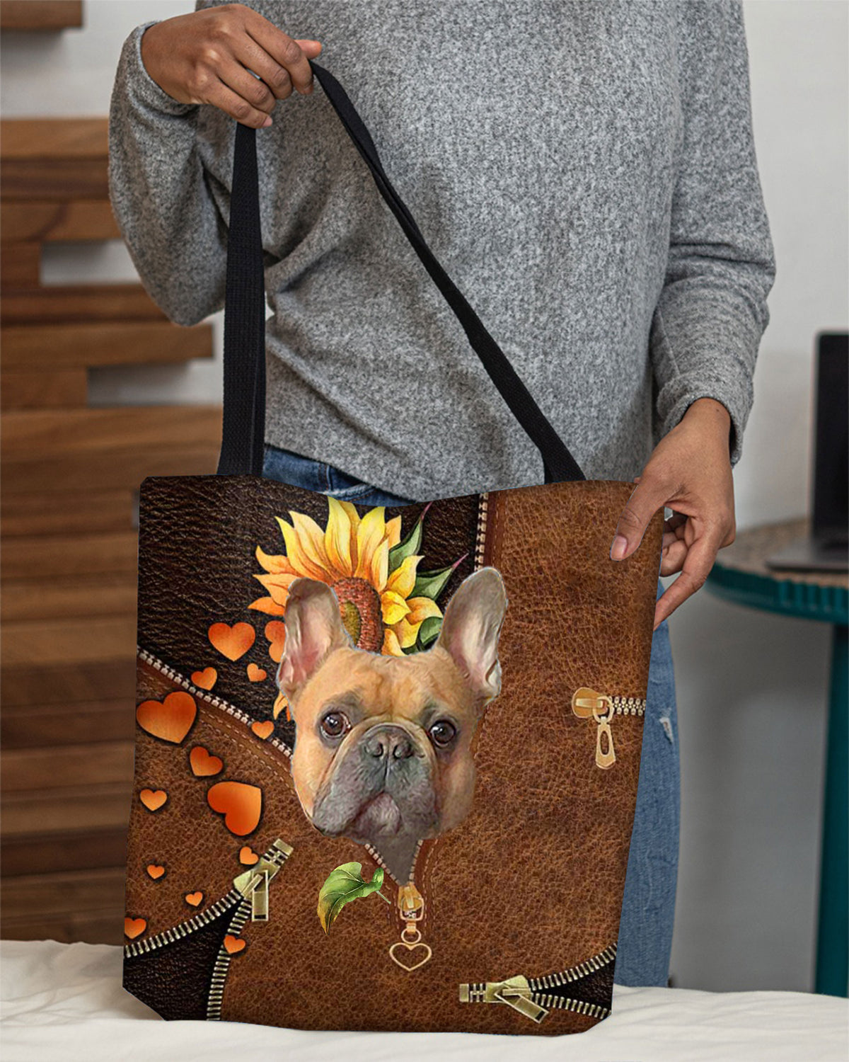 French Bulldog-Sunflower&amp;zipper Cloth Tote Bag