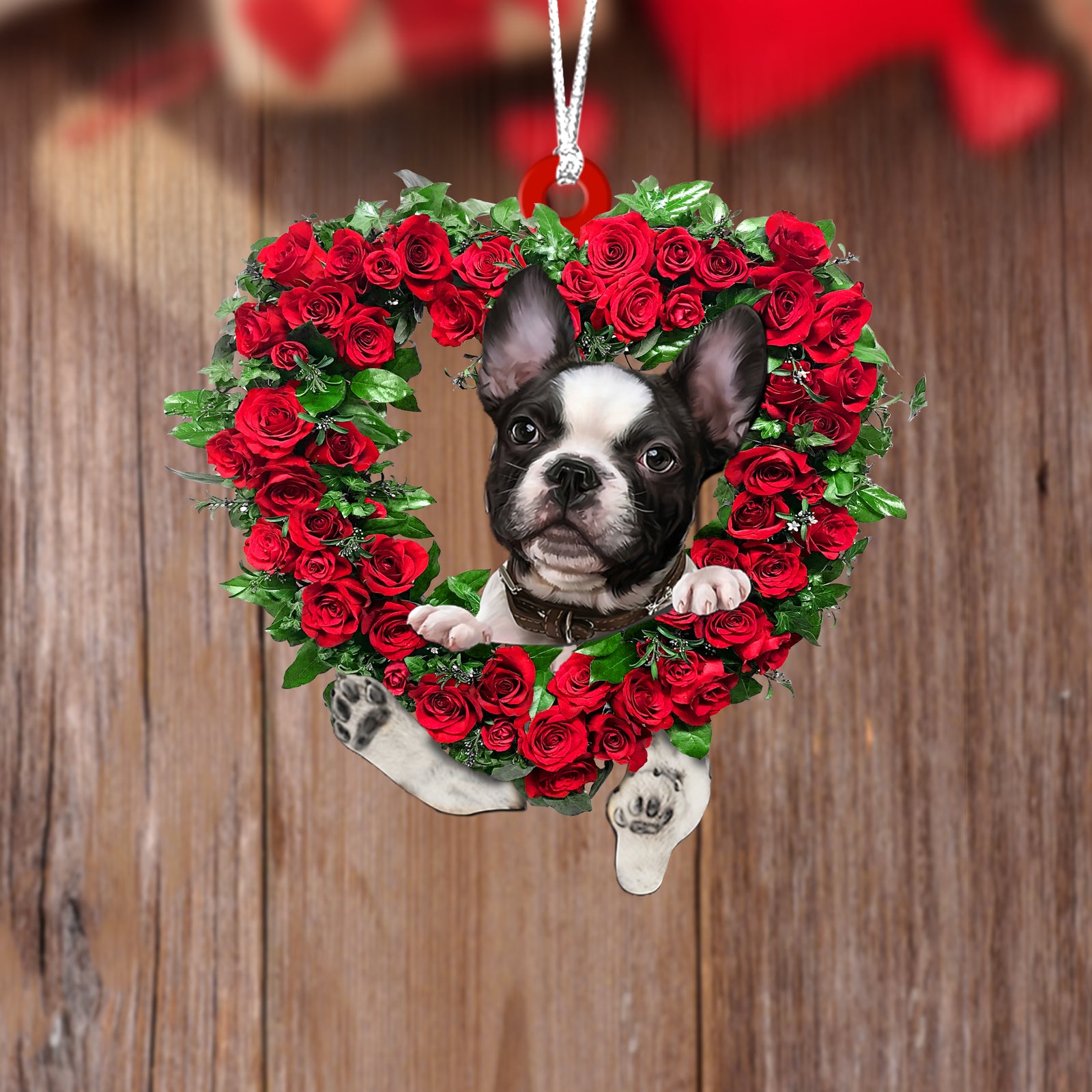 French Bulldog-Heart Wreath Two Sides Ornament