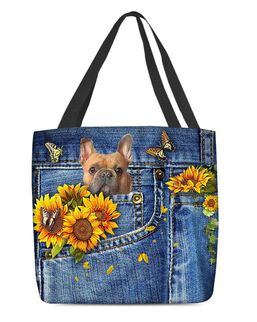 French Bulldog-Sunflowers &amp; Butterflies Cloth Tote Bag