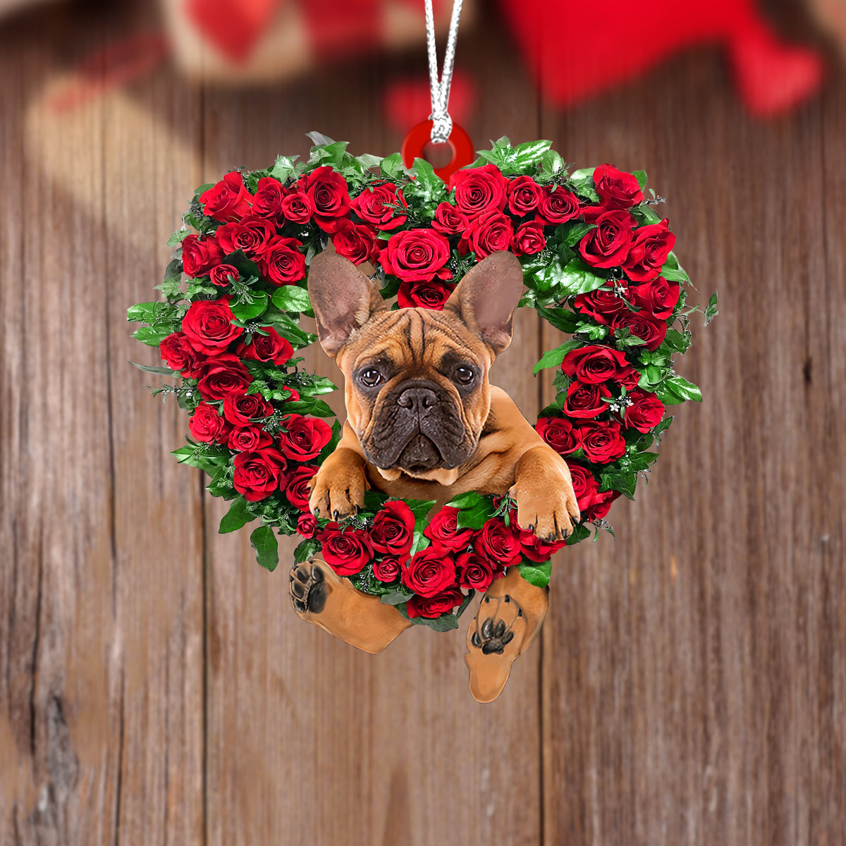 French Bulldog 2-Heart Wreath Two Sides Ornament
