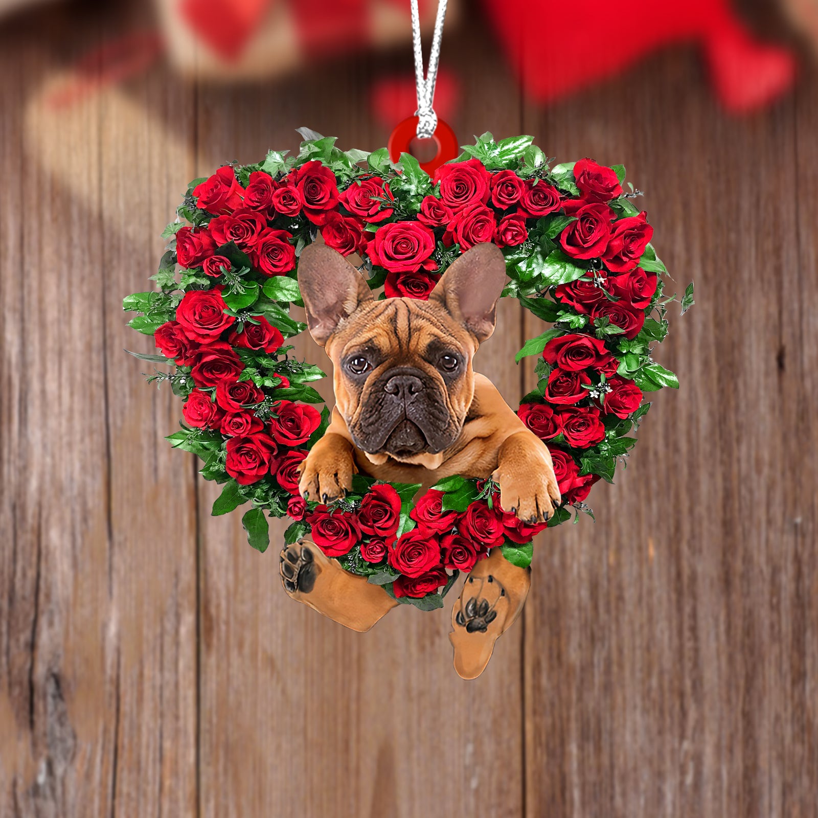 French Bulldog 2-Heart Wreath Two Sides Ornament