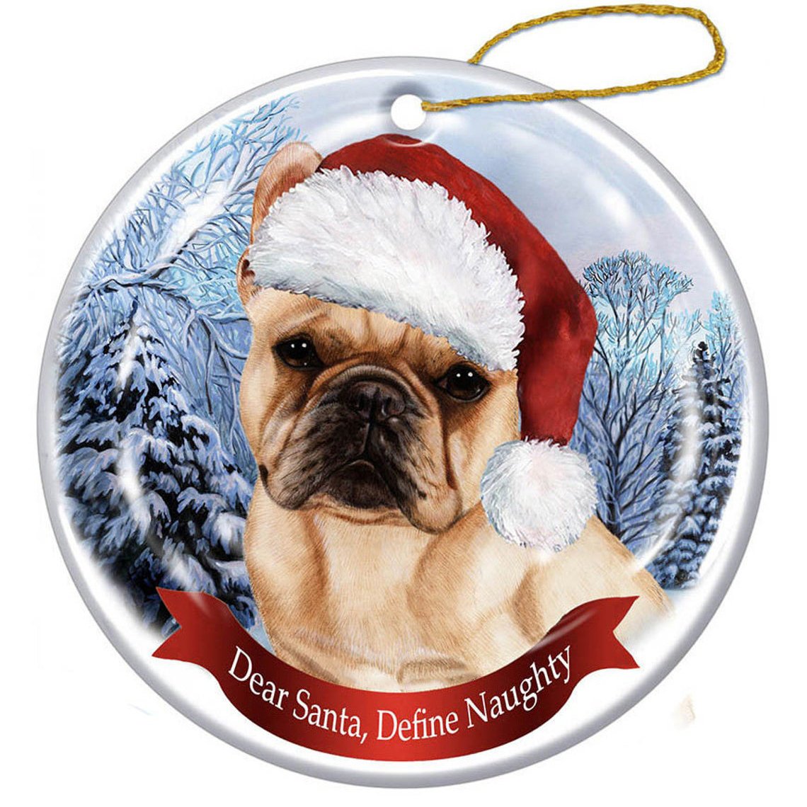 French Bulldog (Cream) Santa Hat Porcelain Christmas Ornament