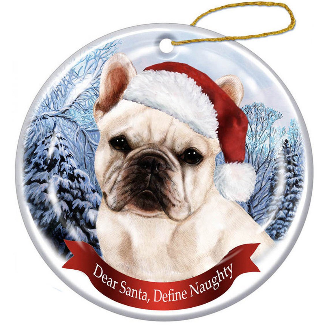 French Bulldog (White) Santa Hat Porcelain Christmas Ornament