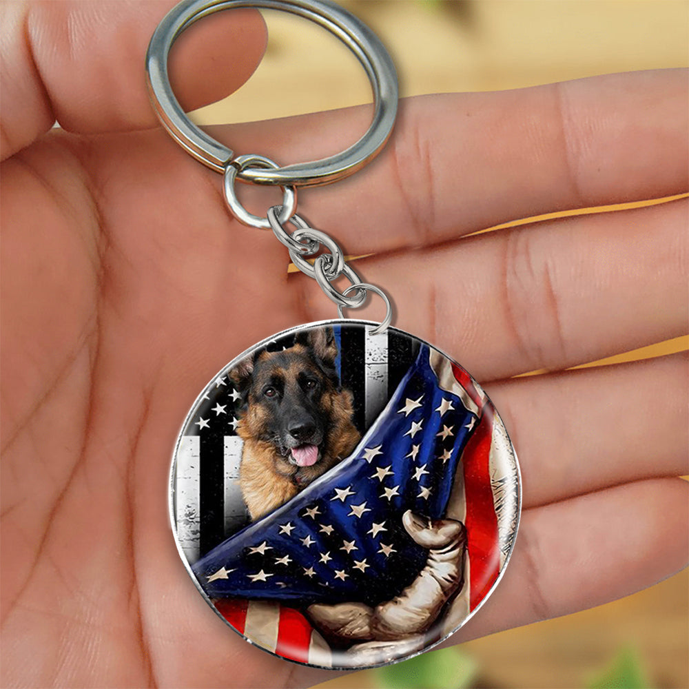 German Shepherd-Inside American Flag Independence Day Round Resin Epoxy Metal Keychain