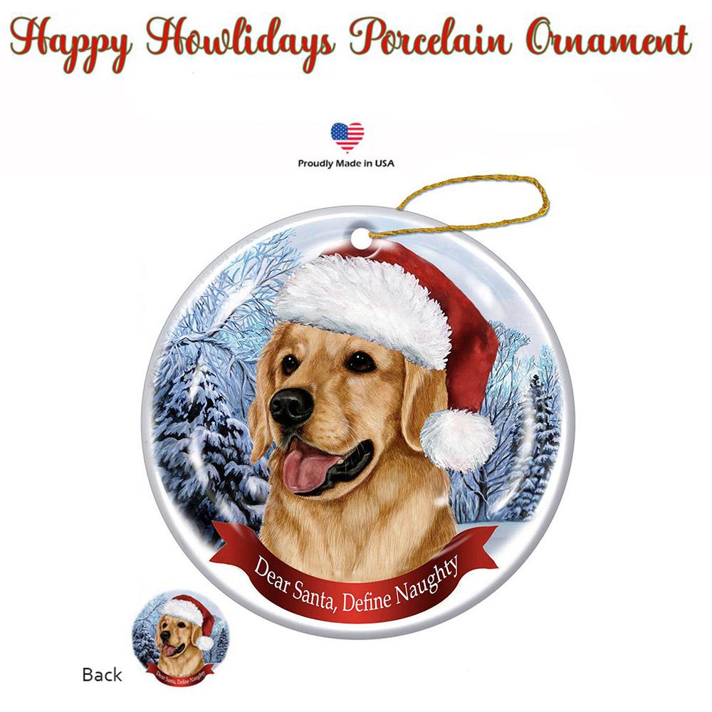 Golden Retriever Santa Hat Porcelain Christmas Ornament