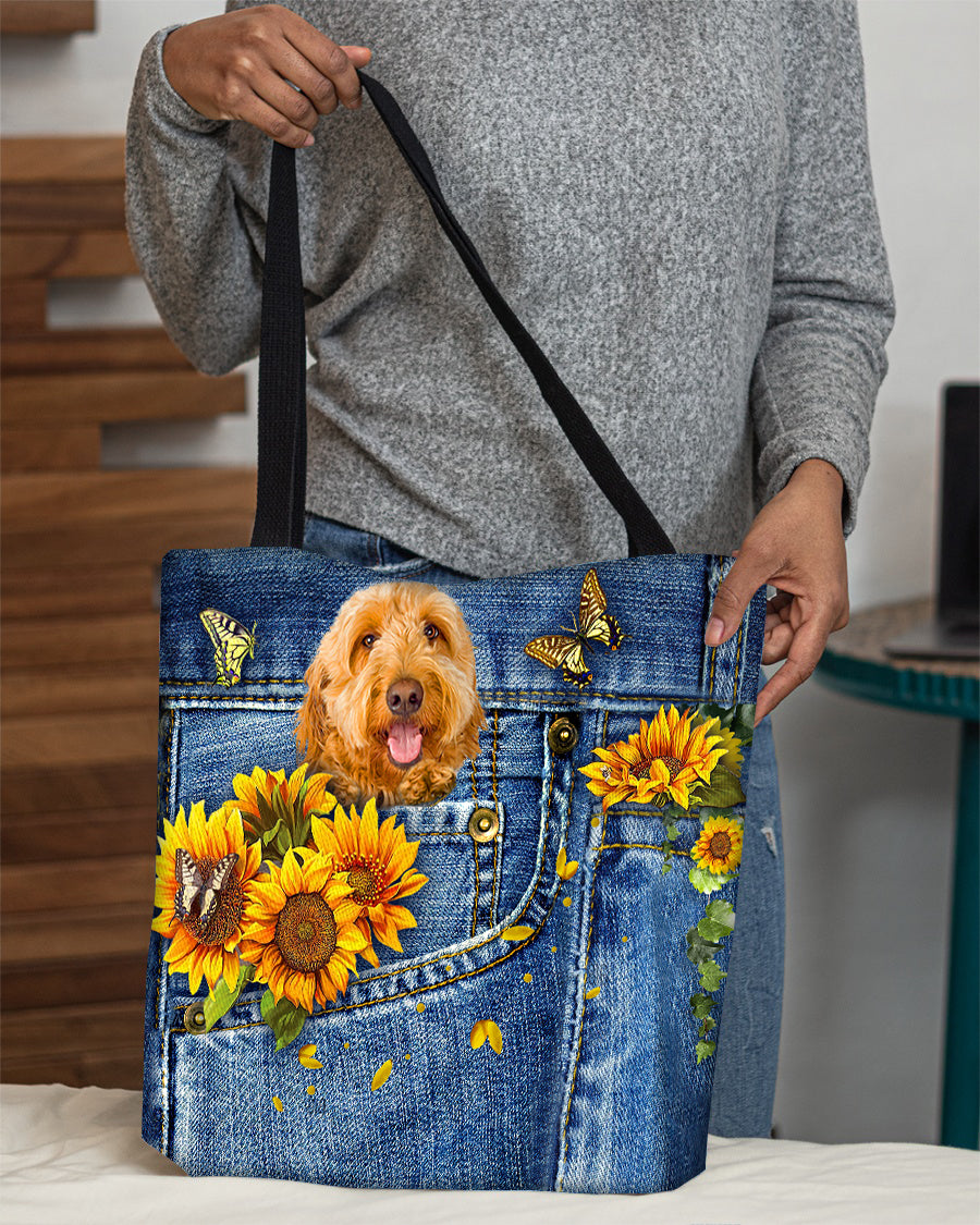 Goldendoodle-Sunflowers &amp; Butterflies Cloth Tote Bag
