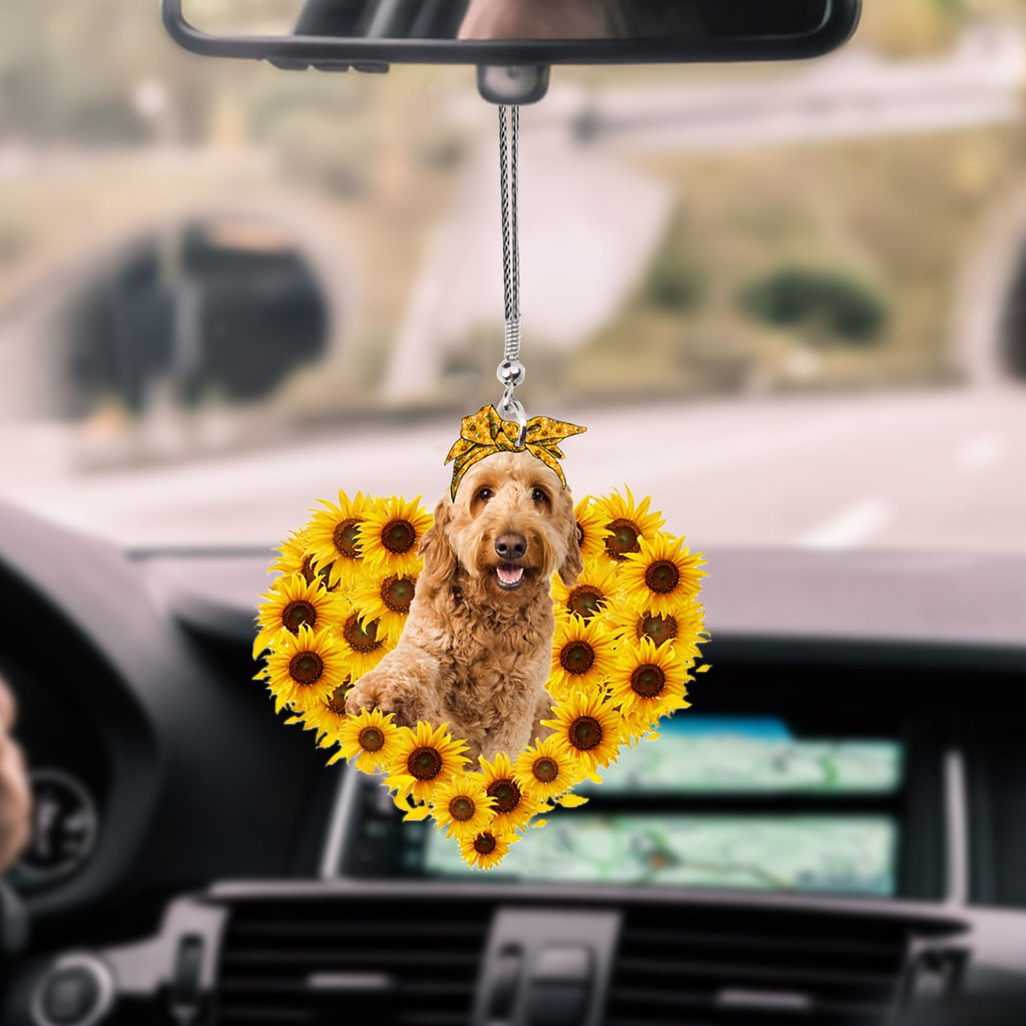 Goldendoodle-Sunflower Heart gift Car Ornament