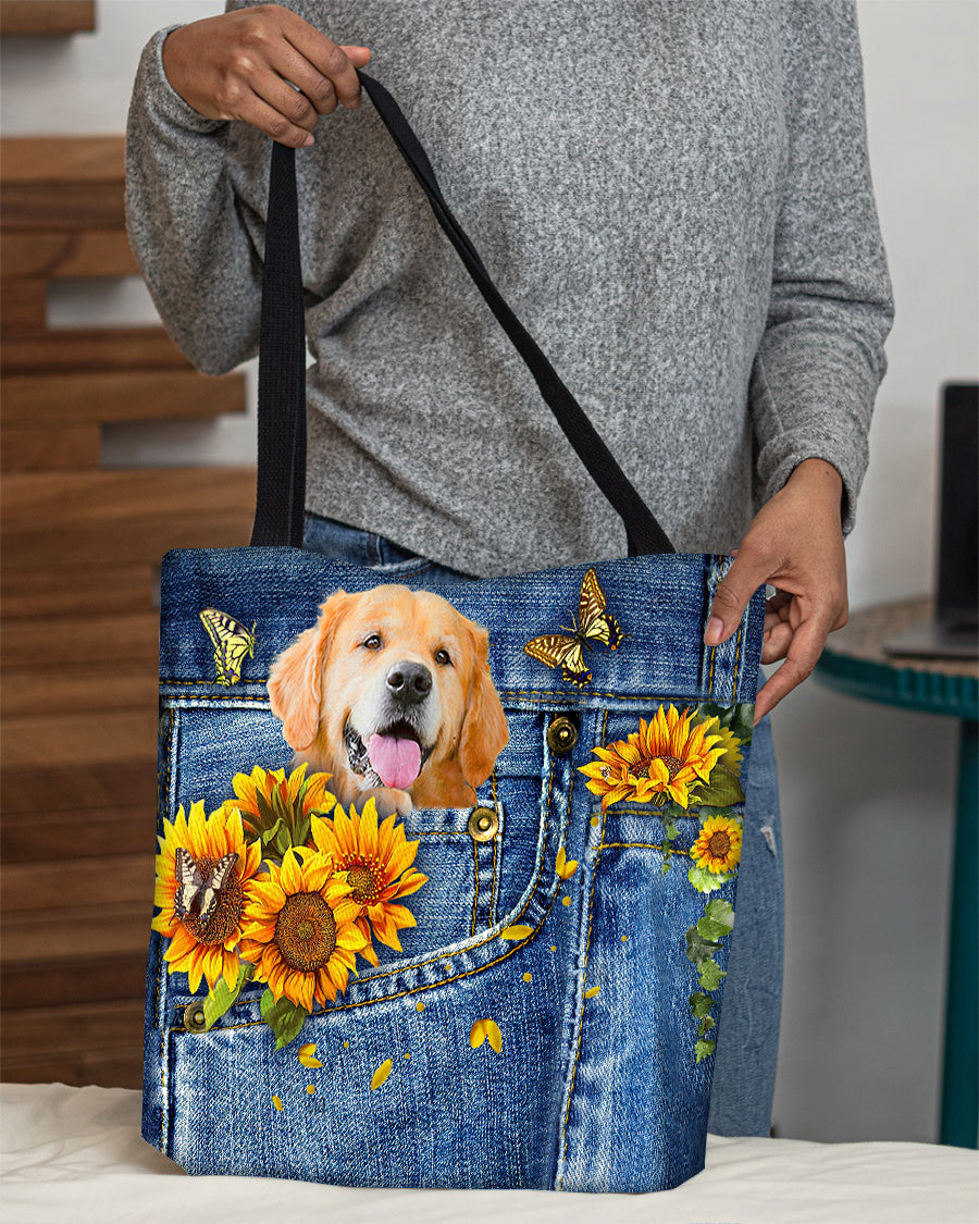 Golden Retriever-Sunflowers &amp; Butterflies Cloth Tote Bag