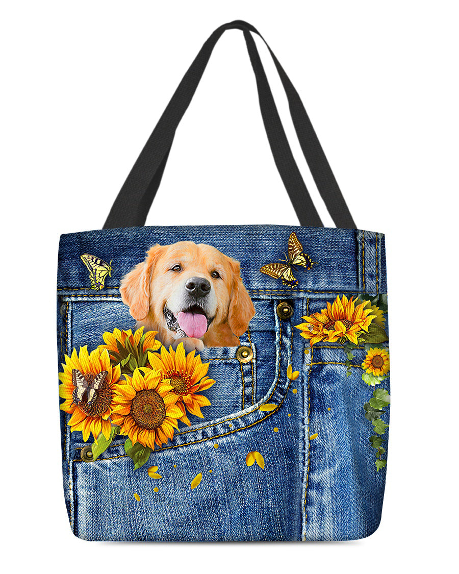 Golden Retriever-Sunflowers &amp; Butterflies Cloth Tote Bag