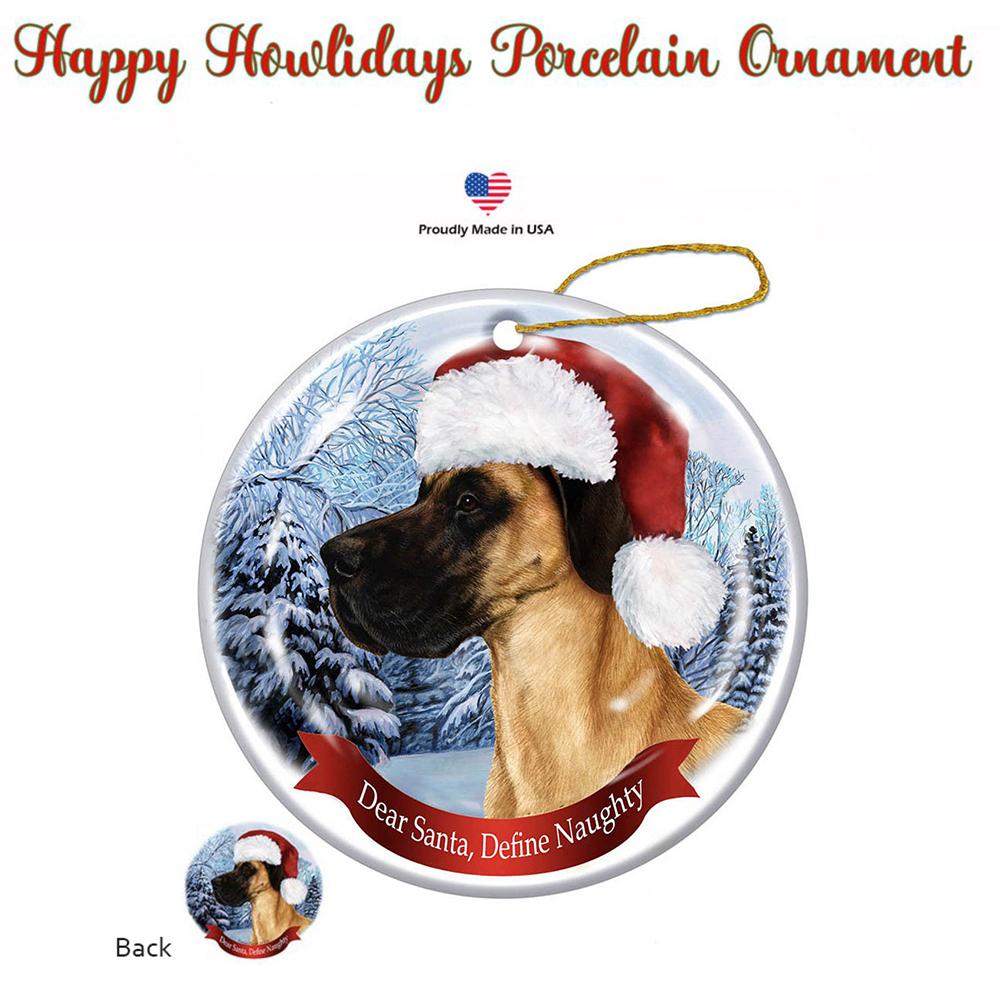 Great Dane (Uncropped) Fawn Santa Hat Porcelain Christmas Ornament
