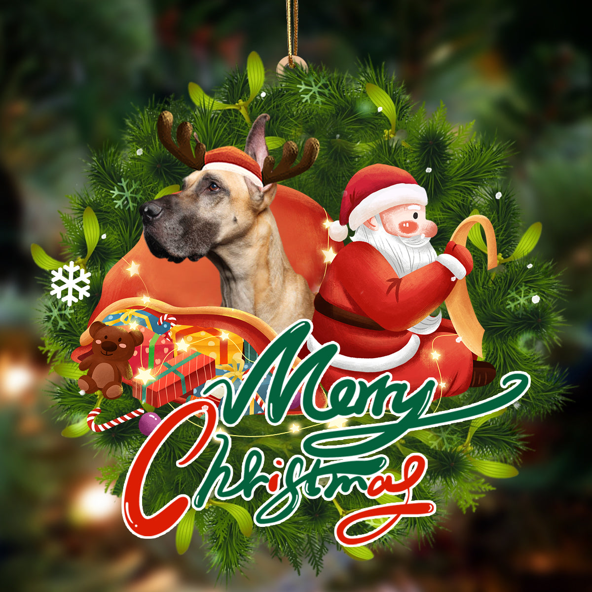 Great Dane-Santa &amp; dog Hanging Ornament