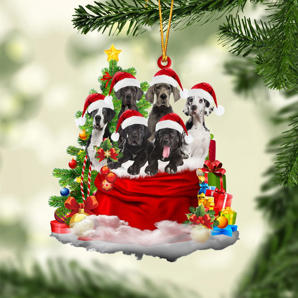 Great Dane-Christmas Bag&amp;Dogs-Two Sided Ornament
