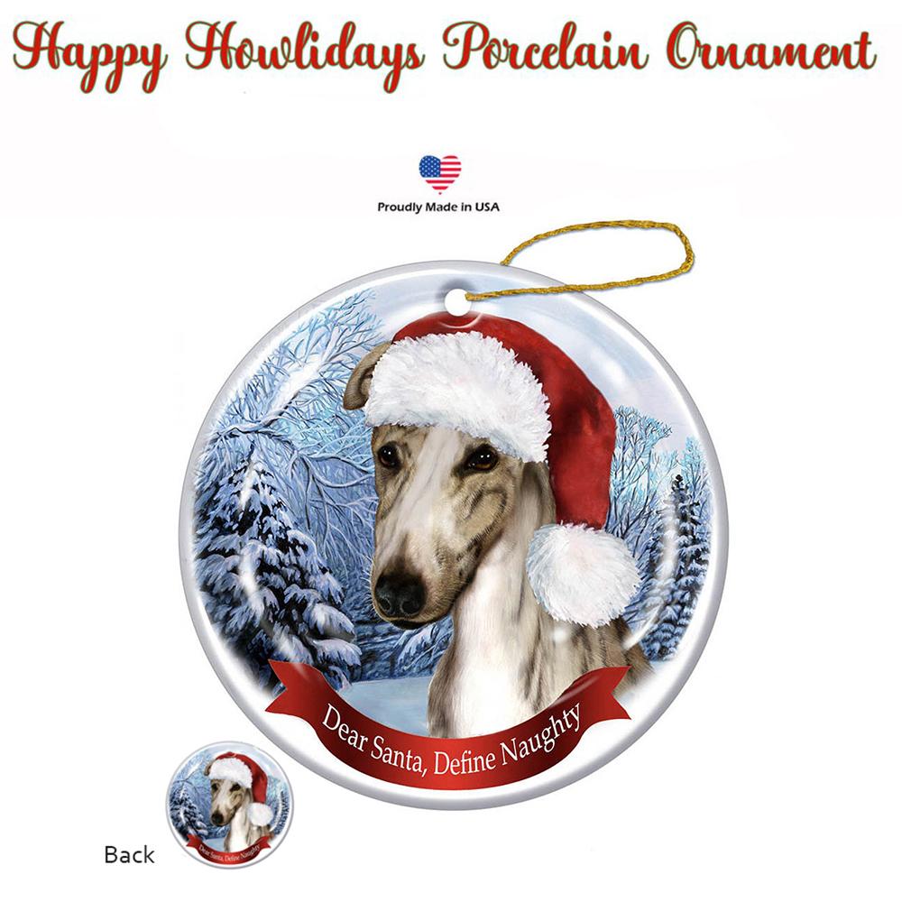 Greyhound (Fawn Brindle) Santa Hat Porcelain Christmas Ornament
