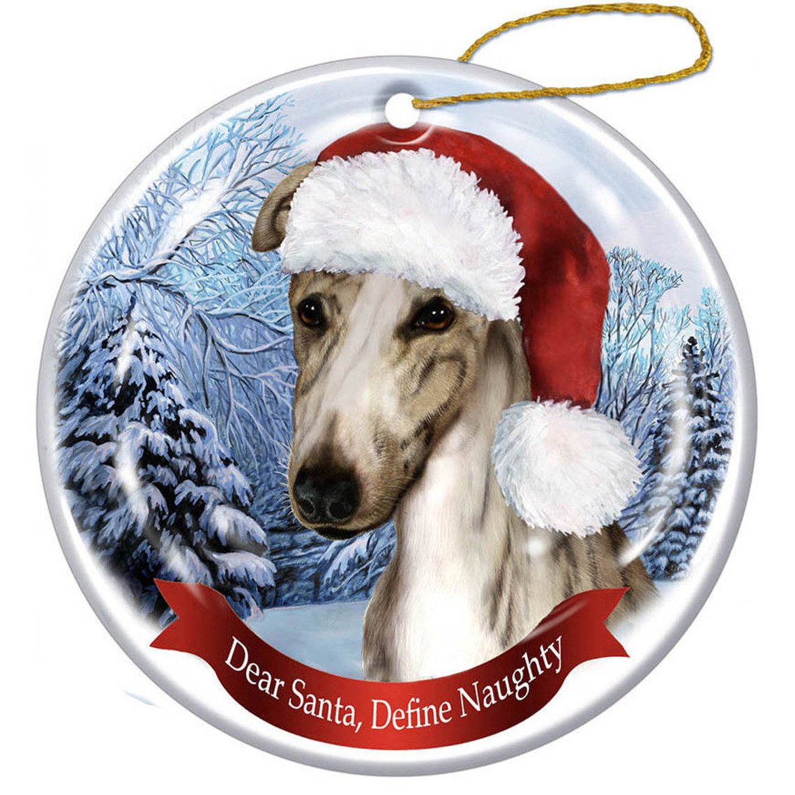 Greyhound (Fawn Brindle) Santa Hat Porcelain Christmas Ornament