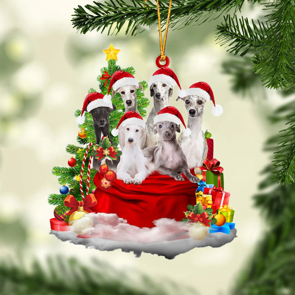 Greyhound-Christmas Bag&amp;Dogs-Two Sided Ornament