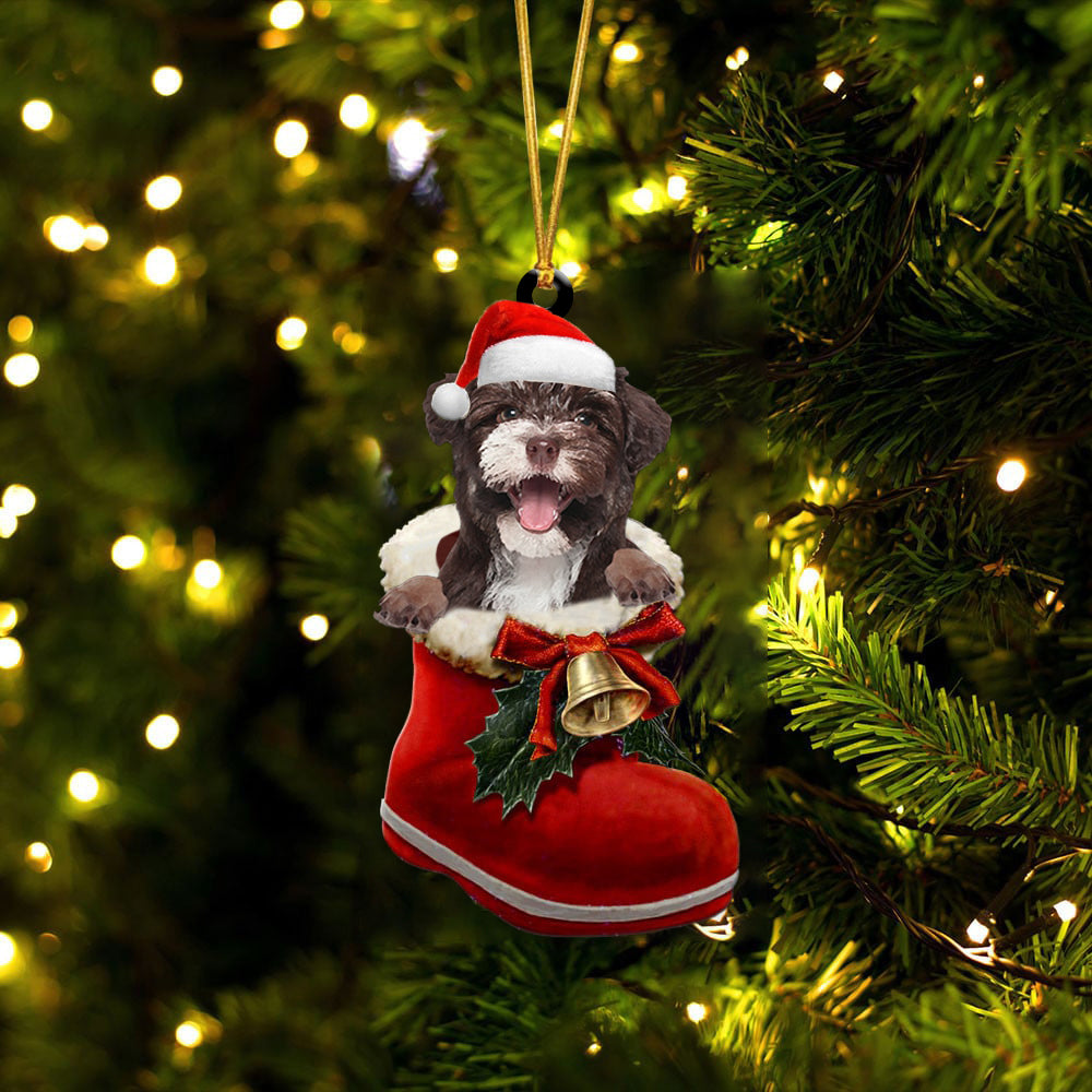 Havanese(Chocolate)-1-In Santa Boot Christmas-Two Sided Ornament