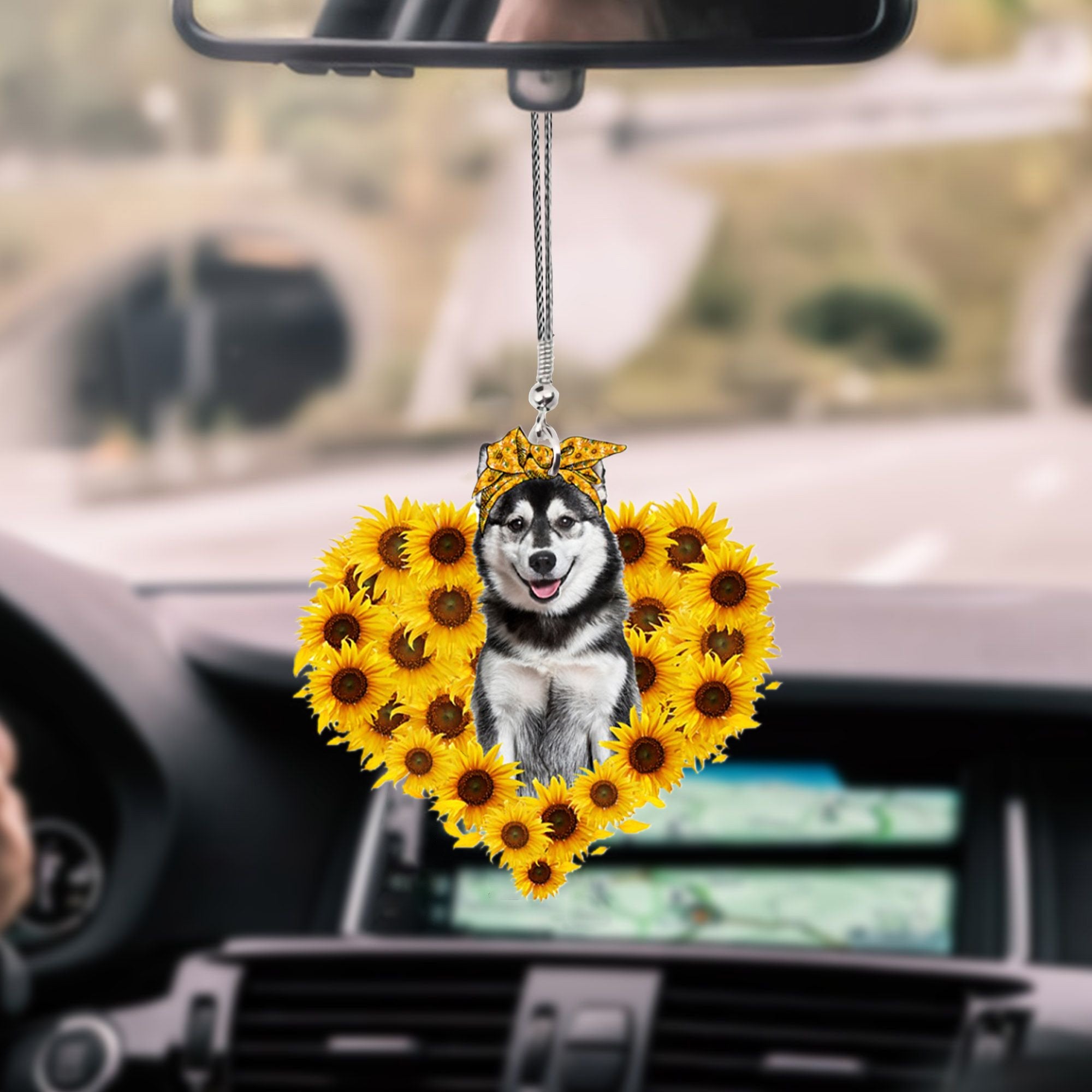 Husky-Sunflower Heart gift Car Ornament