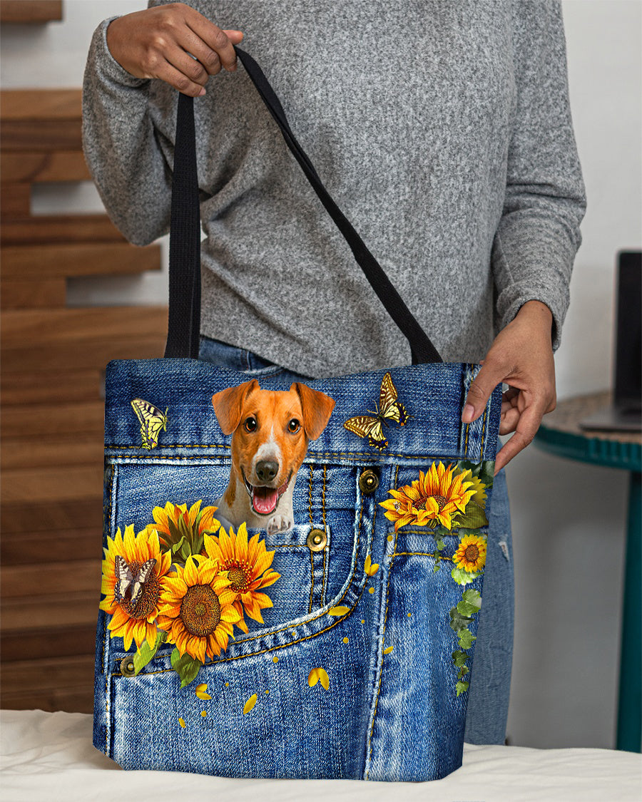 Jack Russell Terrier-Sunflowers &amp; Butterflies Cloth Tote Bag