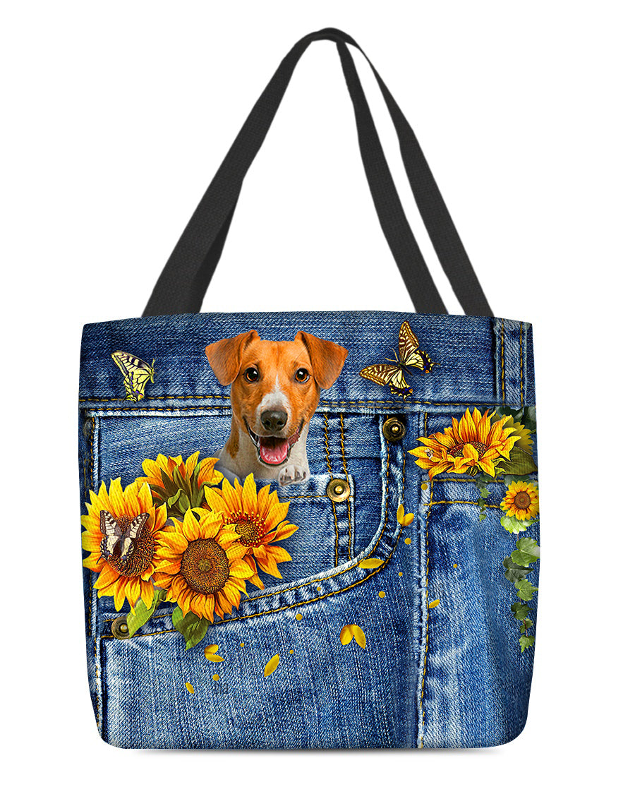 Jack Russell Terrier-Sunflowers &amp; Butterflies Cloth Tote Bag