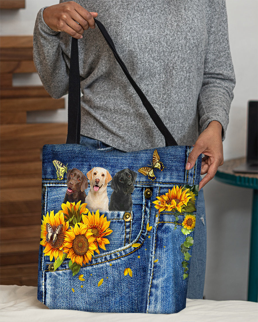 Labrador Retriever 3-Sunflowers &amp; Butterflies Cloth Tote Bag