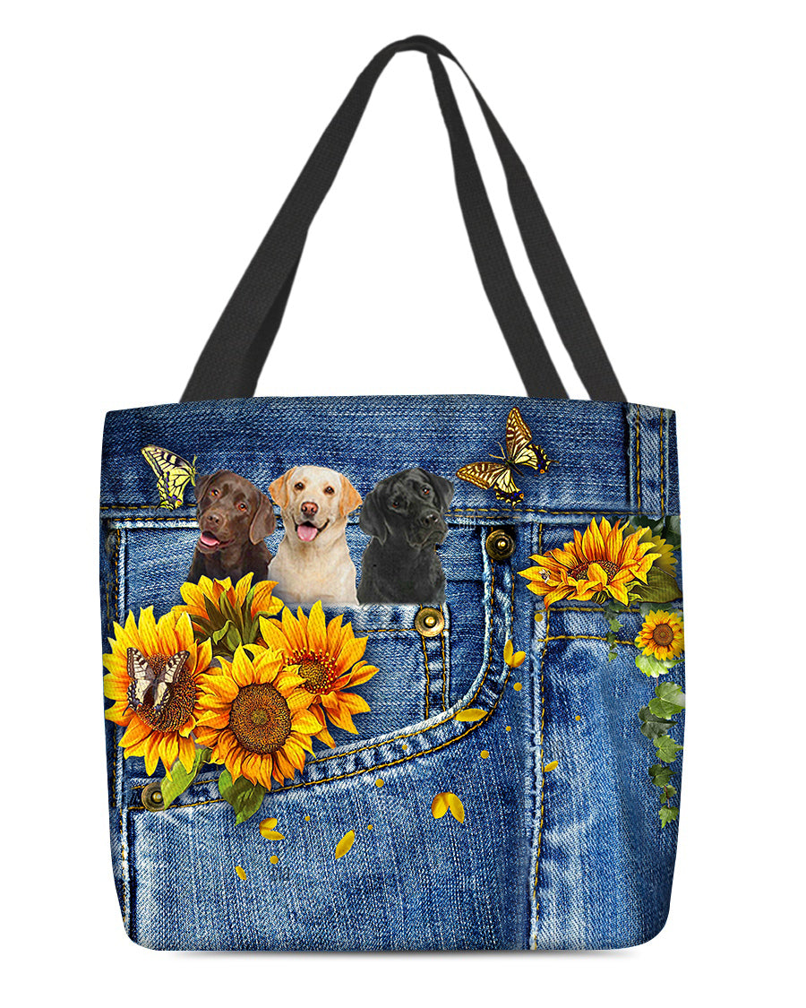 Labrador Retriever 3-Sunflowers &amp; Butterflies Cloth Tote Bag