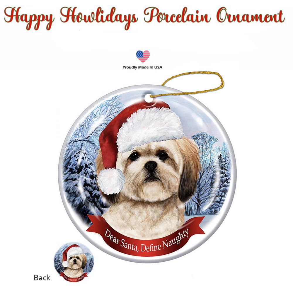 Lhasa Apso Brown Santa Hat Porcelain Christmas Ornament