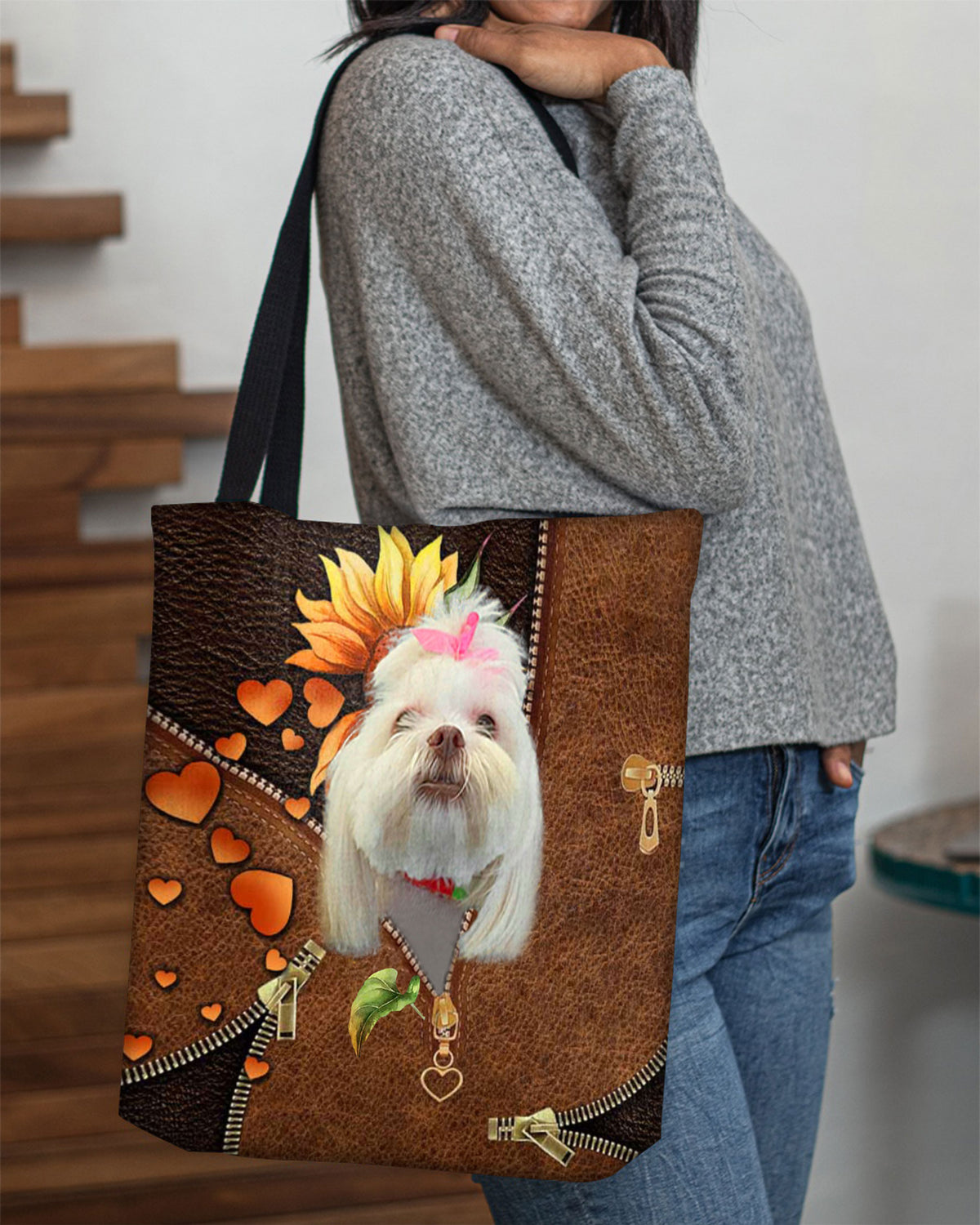 Lhasa Apso-Sunflower&amp;zipper Cloth Tote Bag
