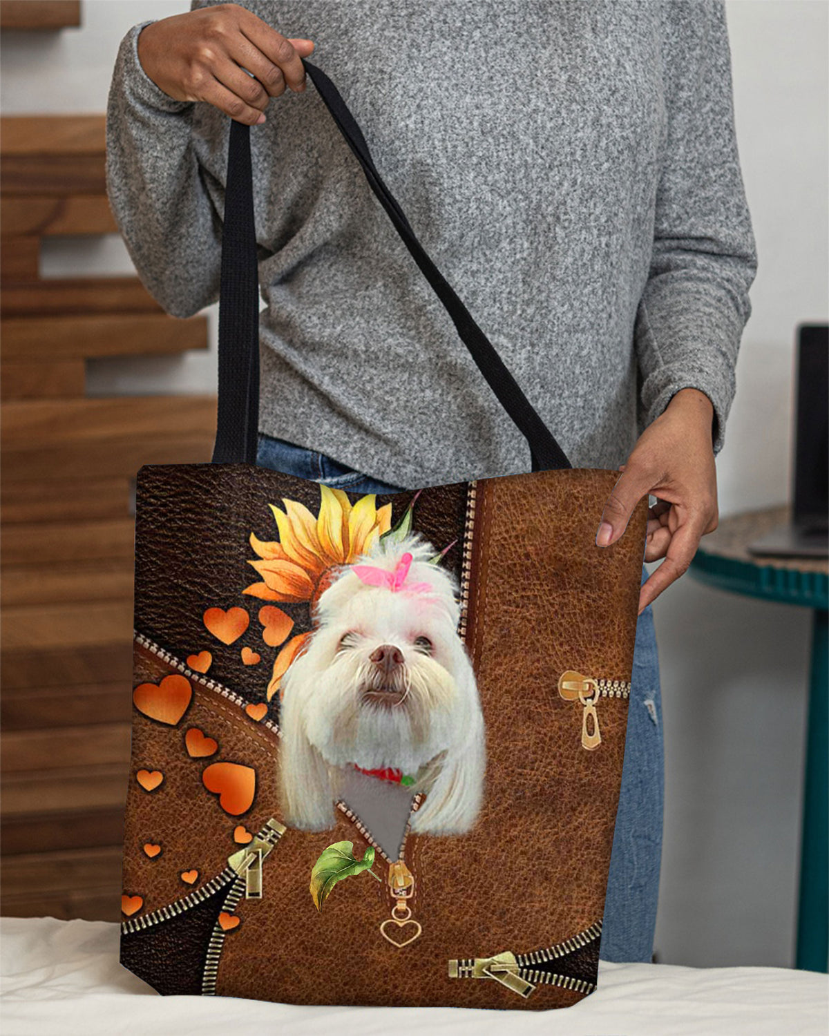 Lhasa Apso-Sunflower&amp;zipper Cloth Tote Bag