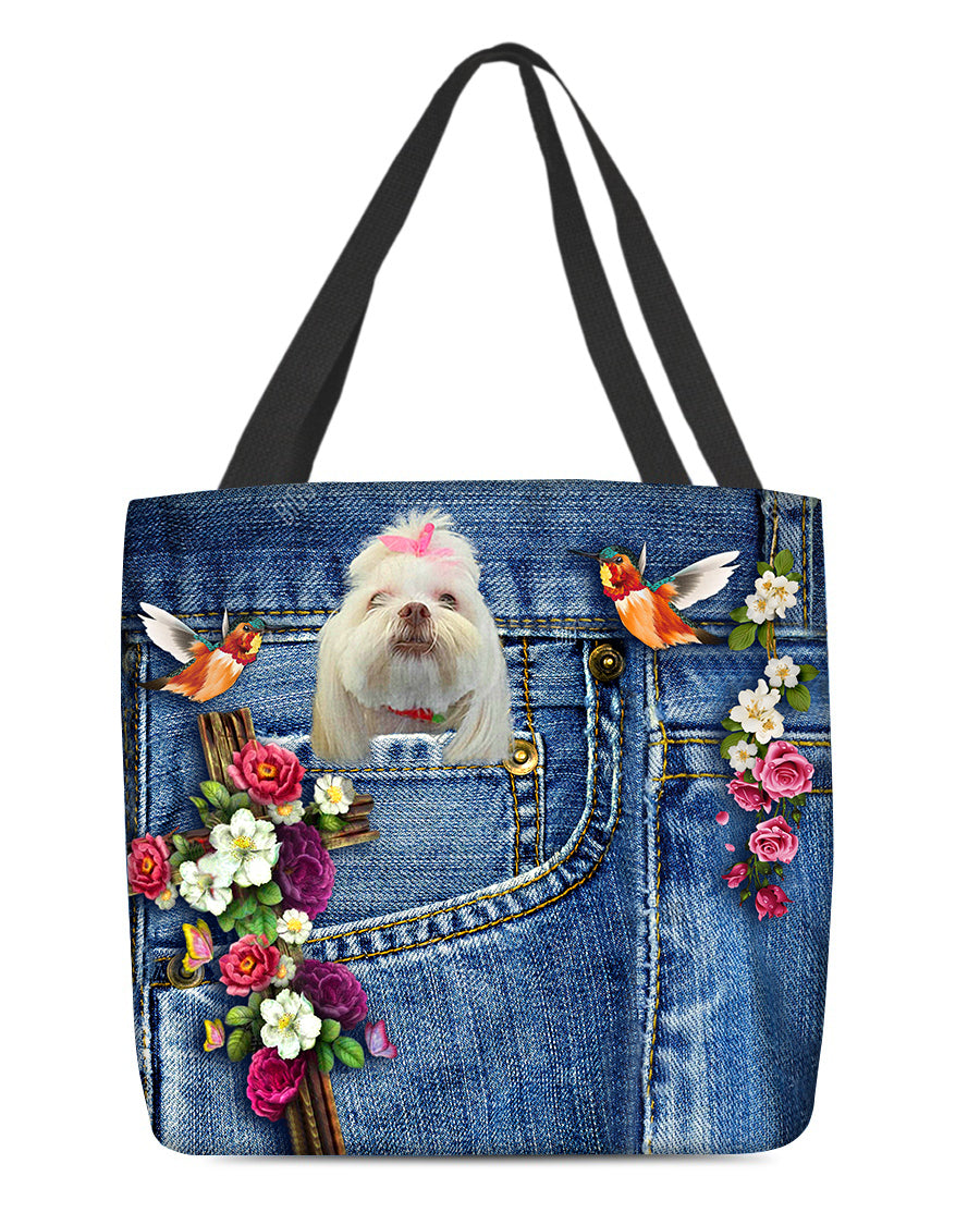 Lhasa Apso-Cardinal &amp; Cross Flower Cloth Tote Bag