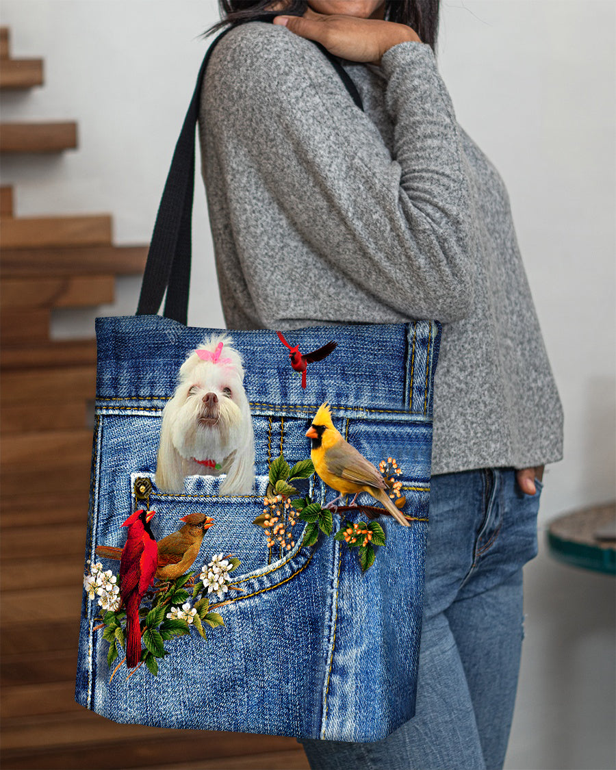 Lhasa Apso-Cardinal &amp; Dog Cloth Tote Bag