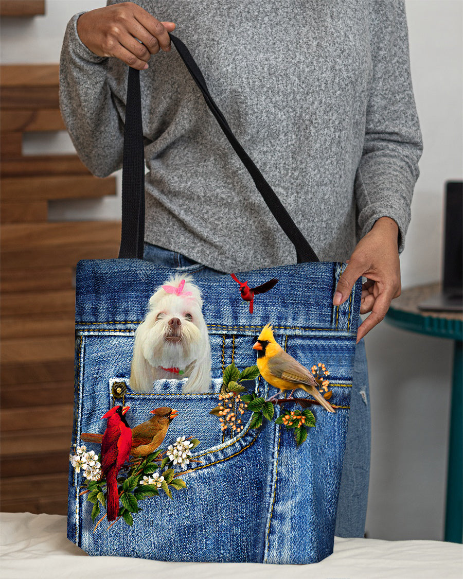 Lhasa Apso-Cardinal &amp; Dog Cloth Tote Bag