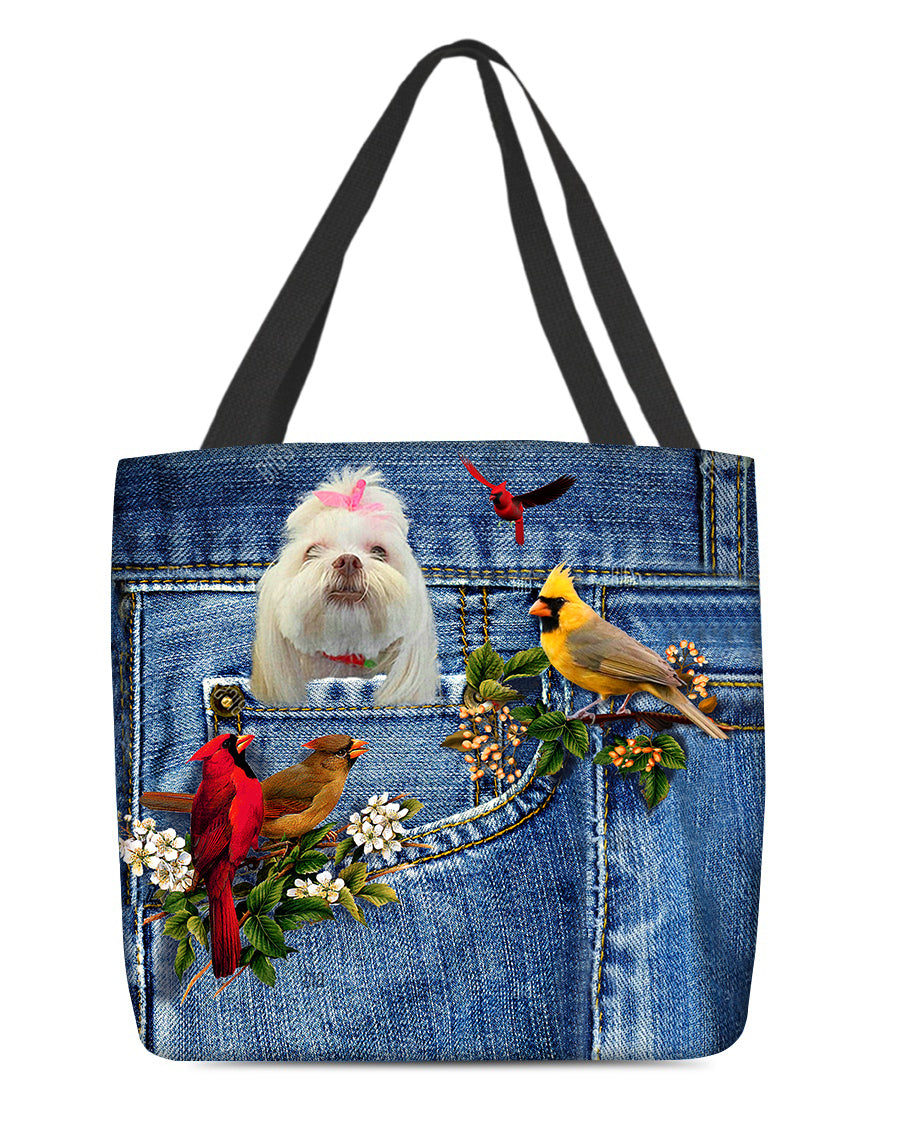Lhasa Apso-Cardinal &amp; Dog Cloth Tote Bag