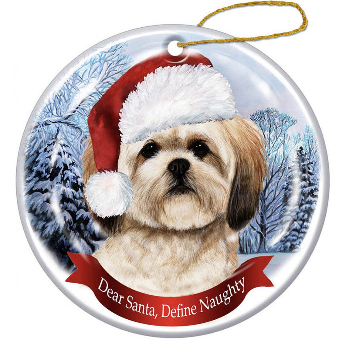 Lhasa Apso Brown Santa Hat Porcelain Christmas Ornament