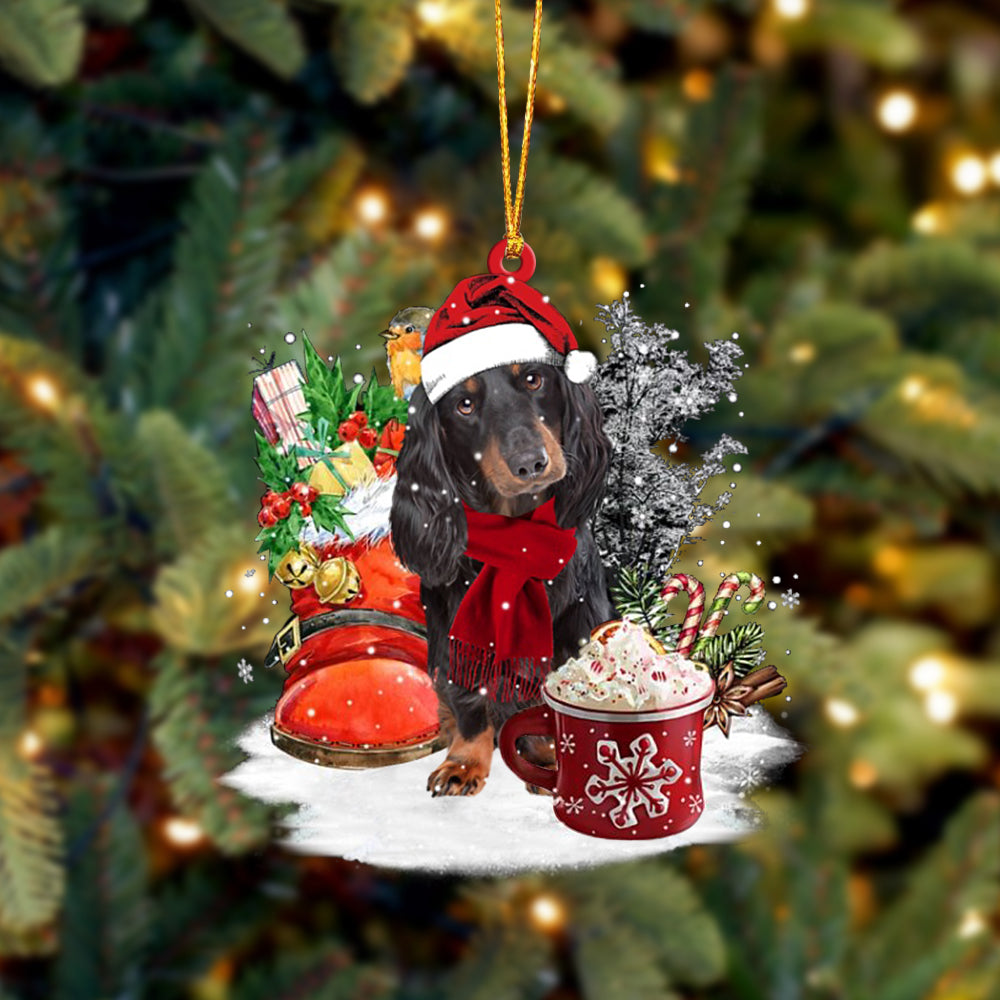 Long haired Dachshund(BLACK)-Winter Cup-Two Sided Ornament