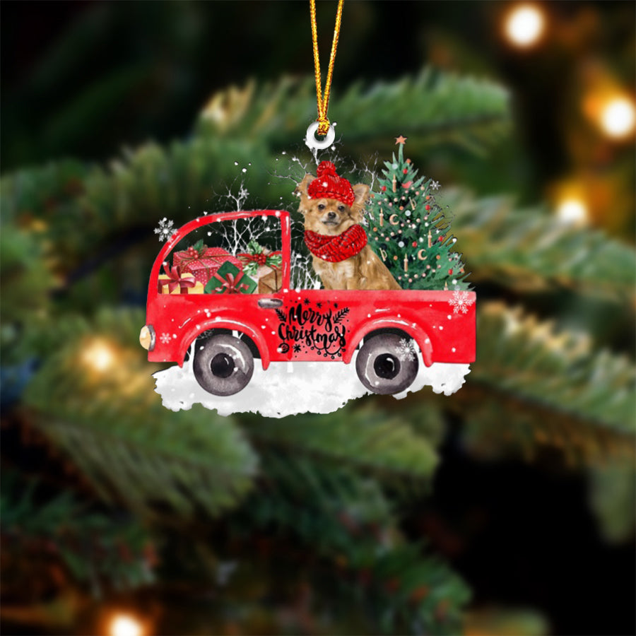 Long haired Tan Chihuahua-Xmas Truck-Two Sided Ornament
