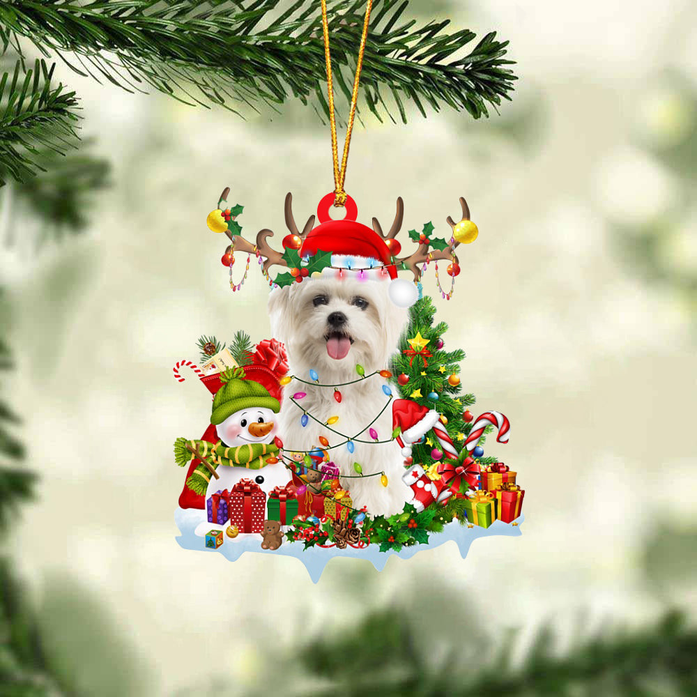Maltese-Elk &amp; Snowman-Two Sided Ornament