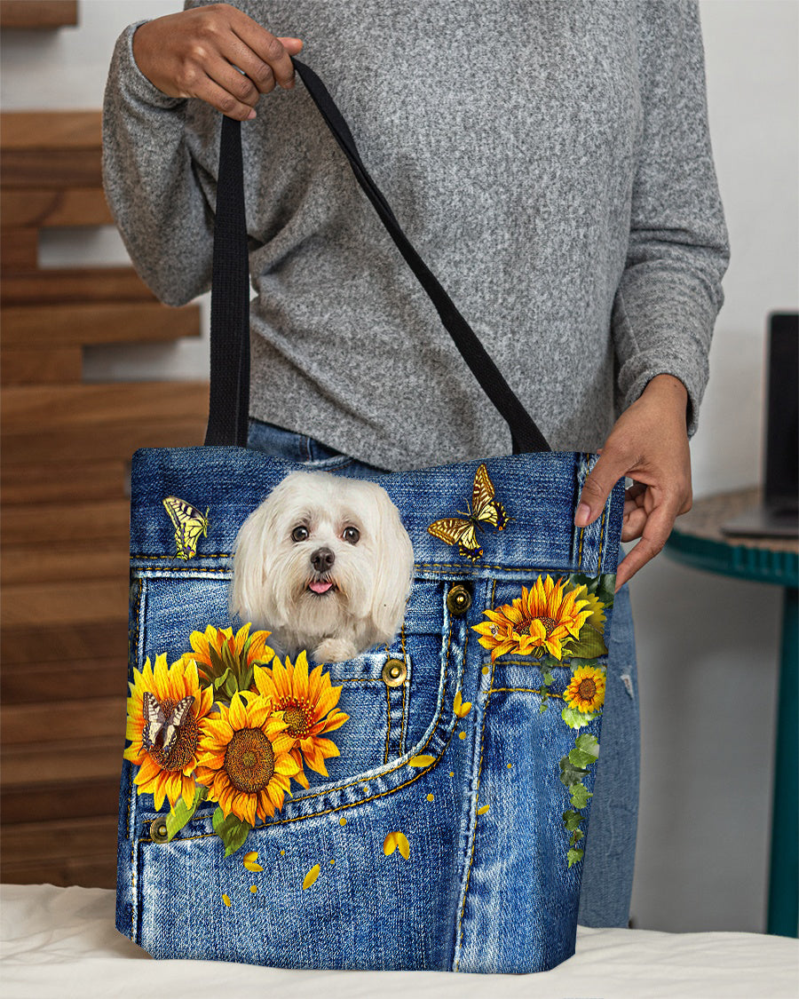Maltese-Sunflowers &amp; Butterflies Cloth Tote Bag