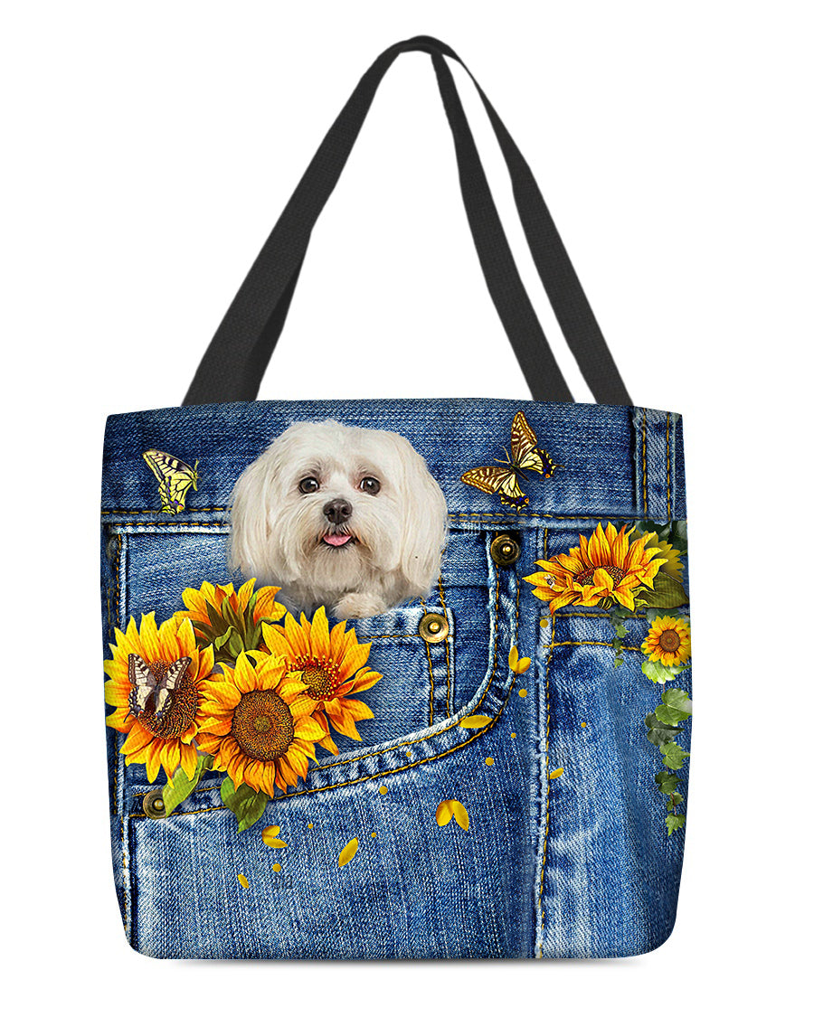 Maltese-Sunflowers &amp; Butterflies Cloth Tote Bag
