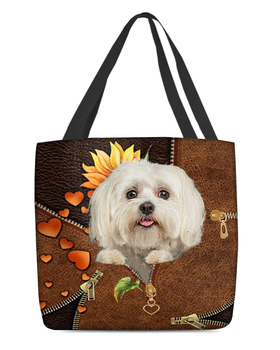 Maltese-Sunflower&amp;zipper Cloth Tote Bag