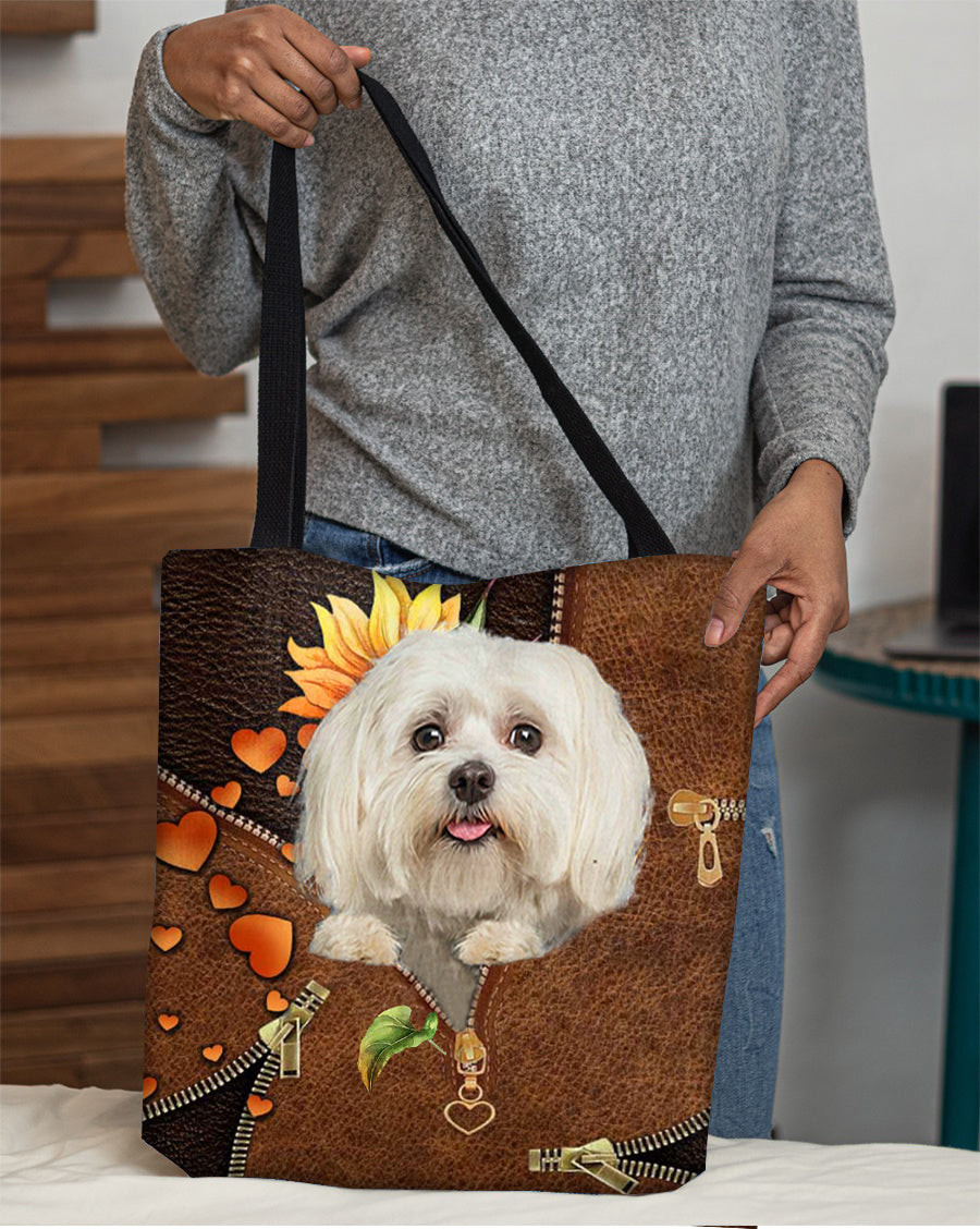Maltese-Sunflower&amp;zipper Cloth Tote Bag