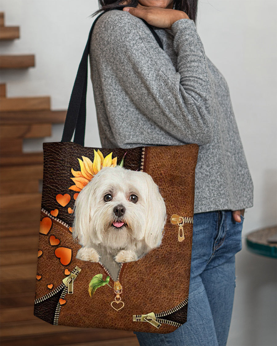 Maltese-Sunflower&amp;zipper Cloth Tote Bag