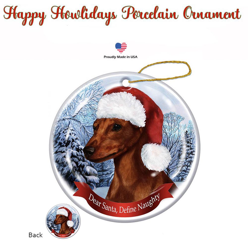 Miniature Pinscher (Red) Cropped Santa Hat Porcelain Christmas Ornament