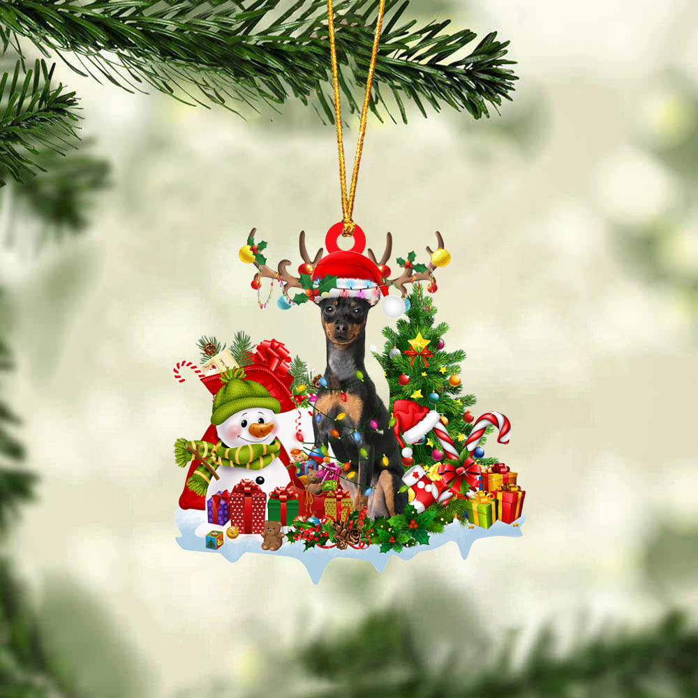Miniature Pinscher-Elk &amp; Snowman-Two Sided Ornament