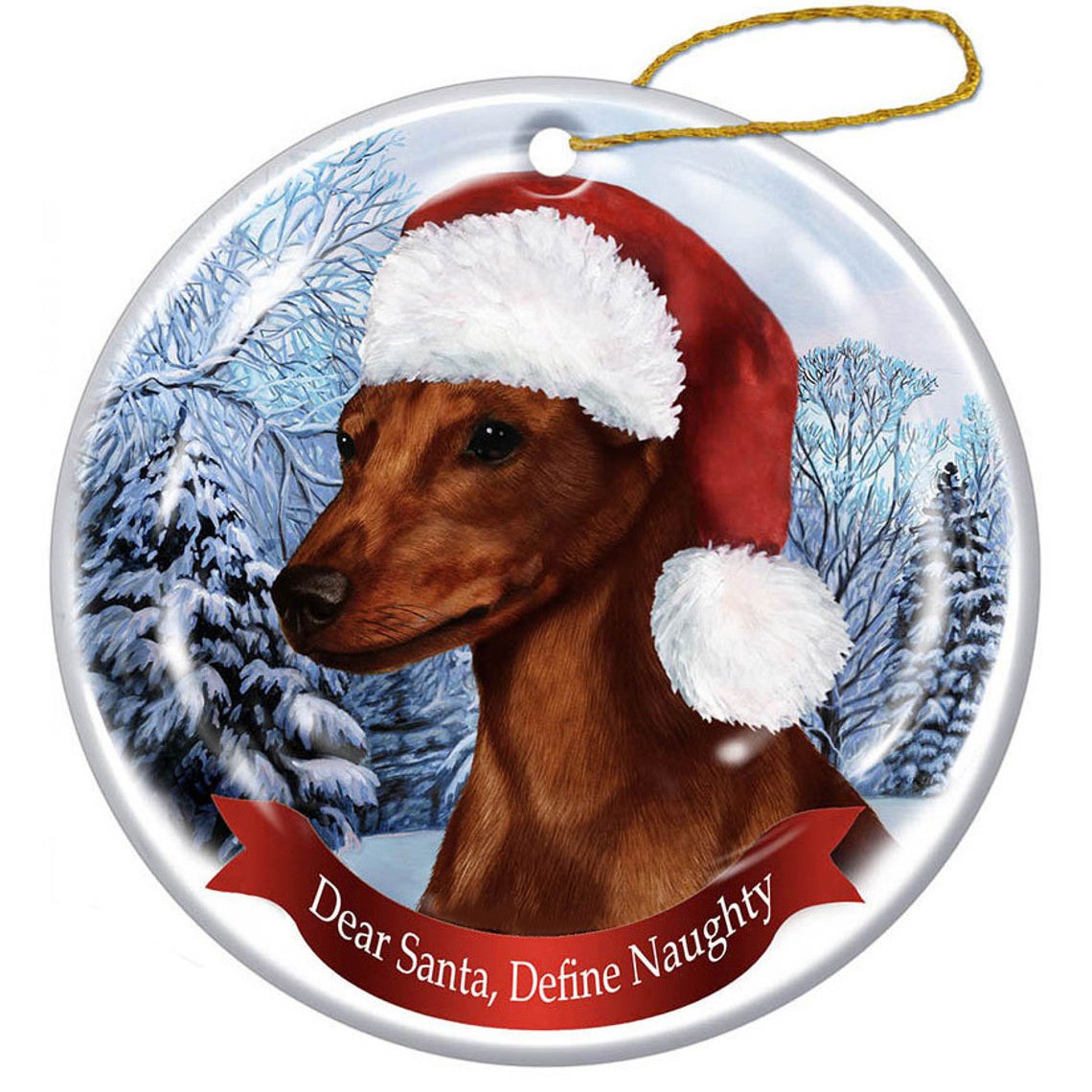 Miniature Pinscher (Red) Cropped Santa Hat Porcelain Christmas Ornament