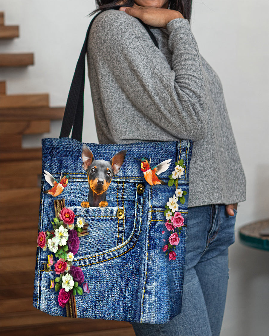 Miniature Pinscher-Cardinal &amp; Cross Flower Cloth Tote Bag