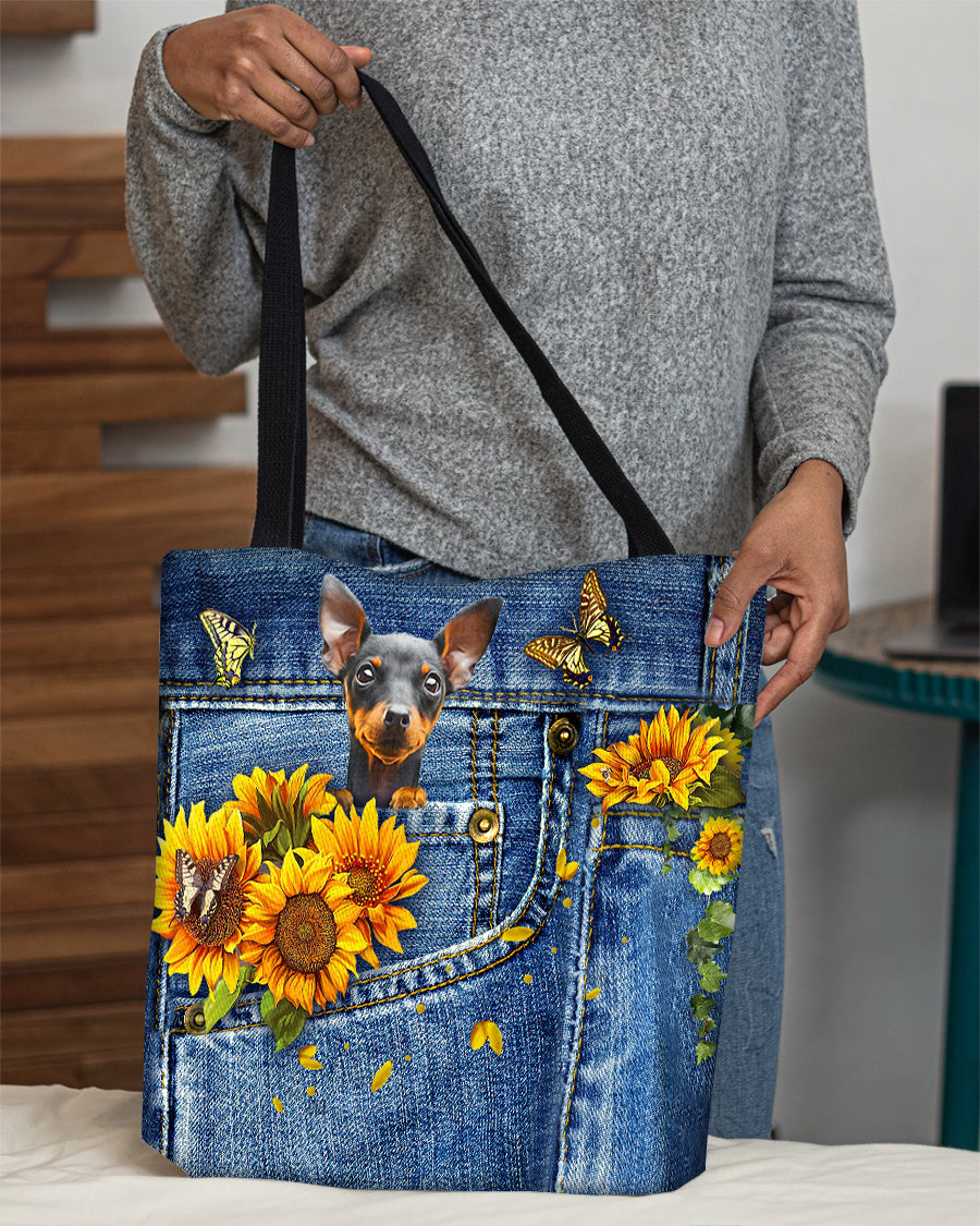 Miniature pinscher-Sunflowers &amp; Butterflies Cloth Tote Bag